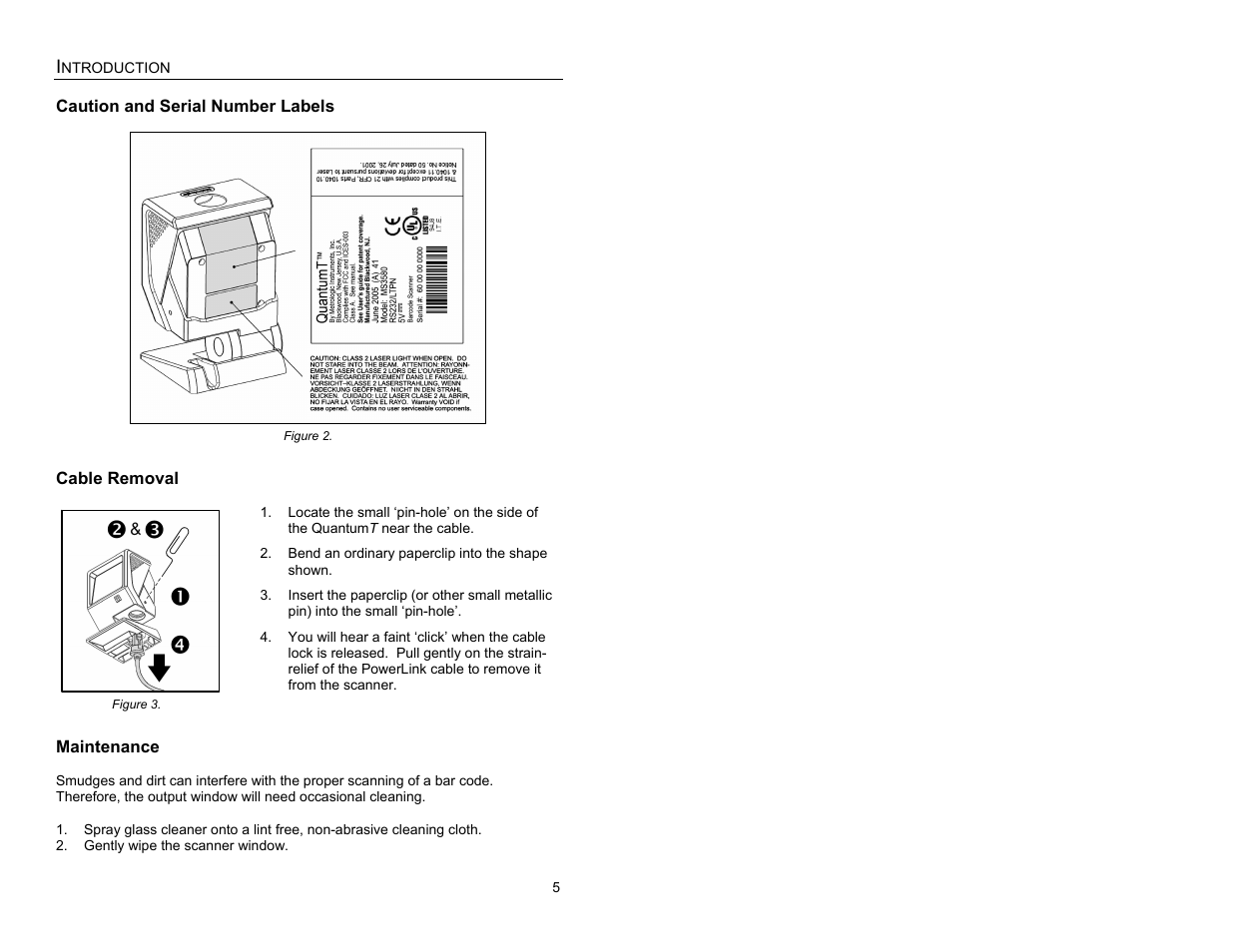 Caution and serial number labels, Cable removal, Maintenance | Quantum Instruments MS3580 User Manual | Page 9 / 56