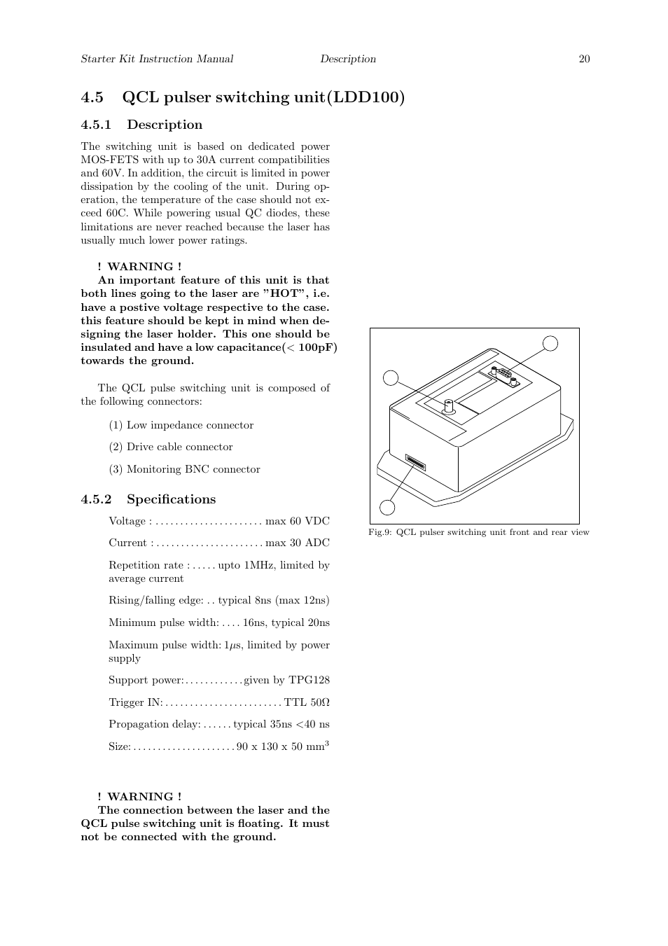 5 qcl pulser switching unit(ldd100), 1 description, 2 specifications | Quantum Instruments Cascade Laser Starter Kit User Manual | Page 21 / 60