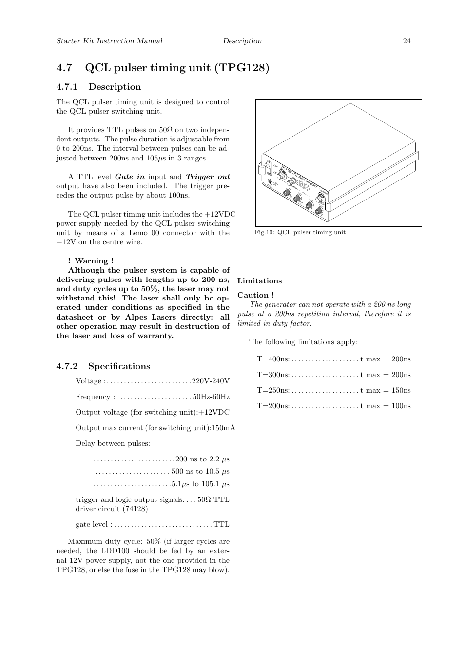 7 qcl pulser timing unit (tpg128), 1 description, 2 specifications | Starter kit instruction manual description 24, Fig.10: qcl pulser timing unit | Quantum Instruments Cascade Laser Starter Kit User Manual | Page 25 / 60