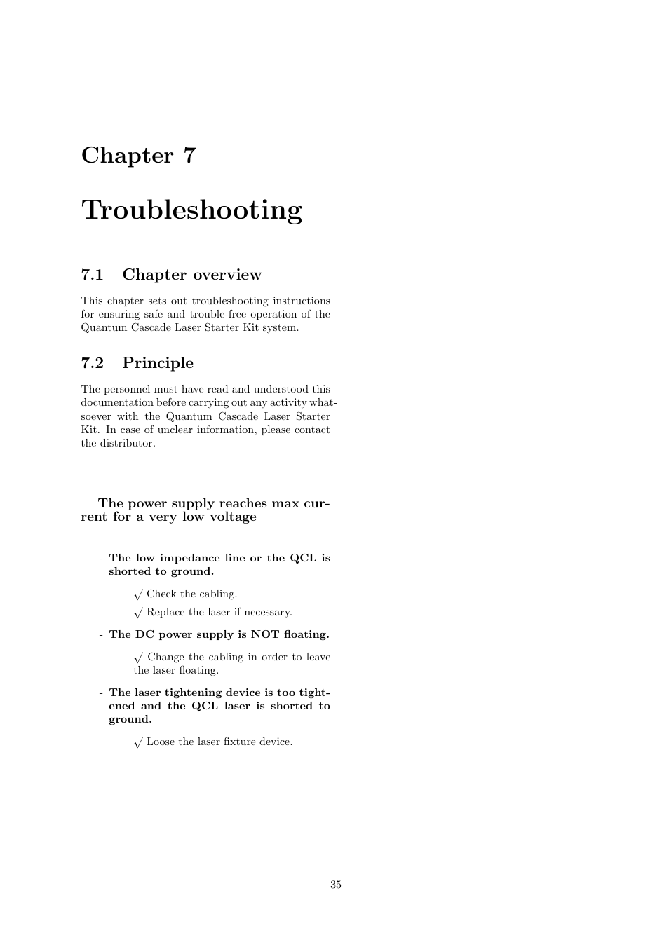 Troubleshooting, Chapter 7, 1 chapter overview | 2 principle | Quantum Instruments Cascade Laser Starter Kit User Manual | Page 36 / 60