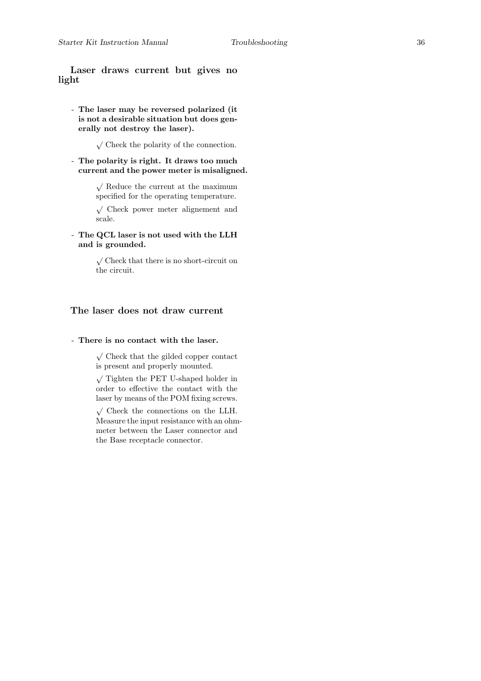 Laser draws current but gives no light, The laser does not draw current | Quantum Instruments Cascade Laser Starter Kit User Manual | Page 37 / 60