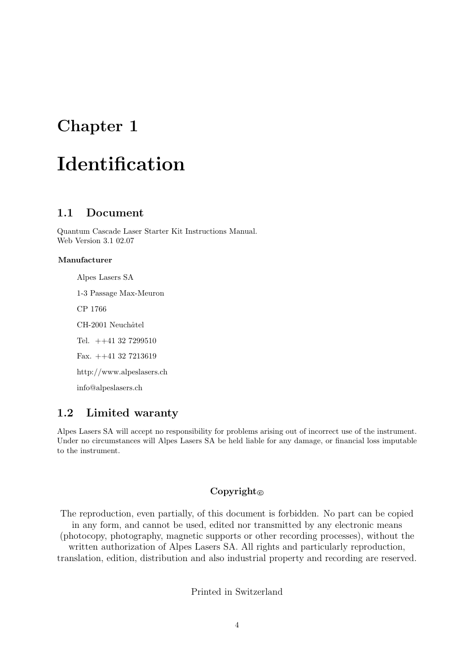 Identification, Chapter 1, 1 document | 2 limited waranty | Quantum Instruments Cascade Laser Starter Kit User Manual | Page 5 / 60