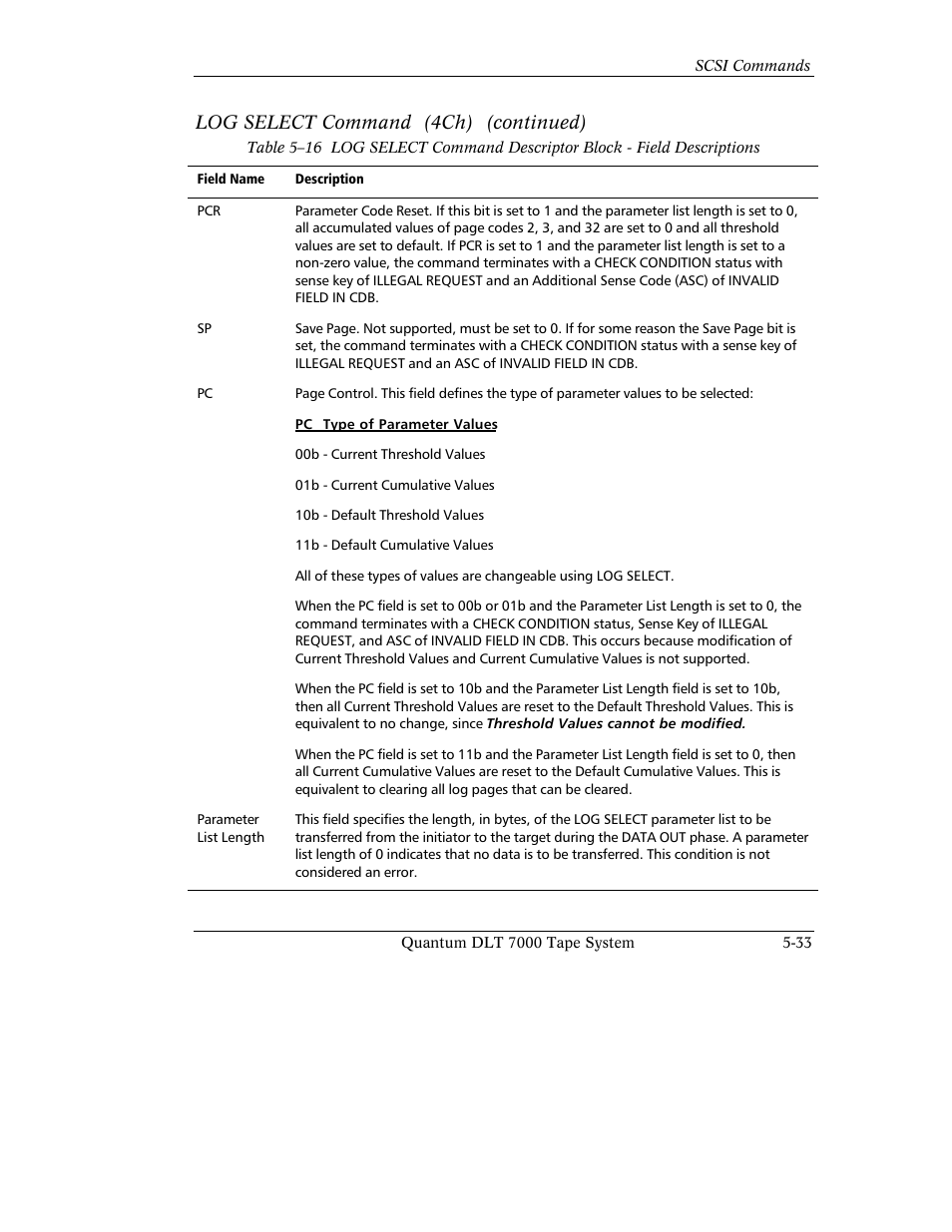 Log select command (4ch) (continued) | Quantum Instruments DLT 7000 User Manual | Page 137 / 312