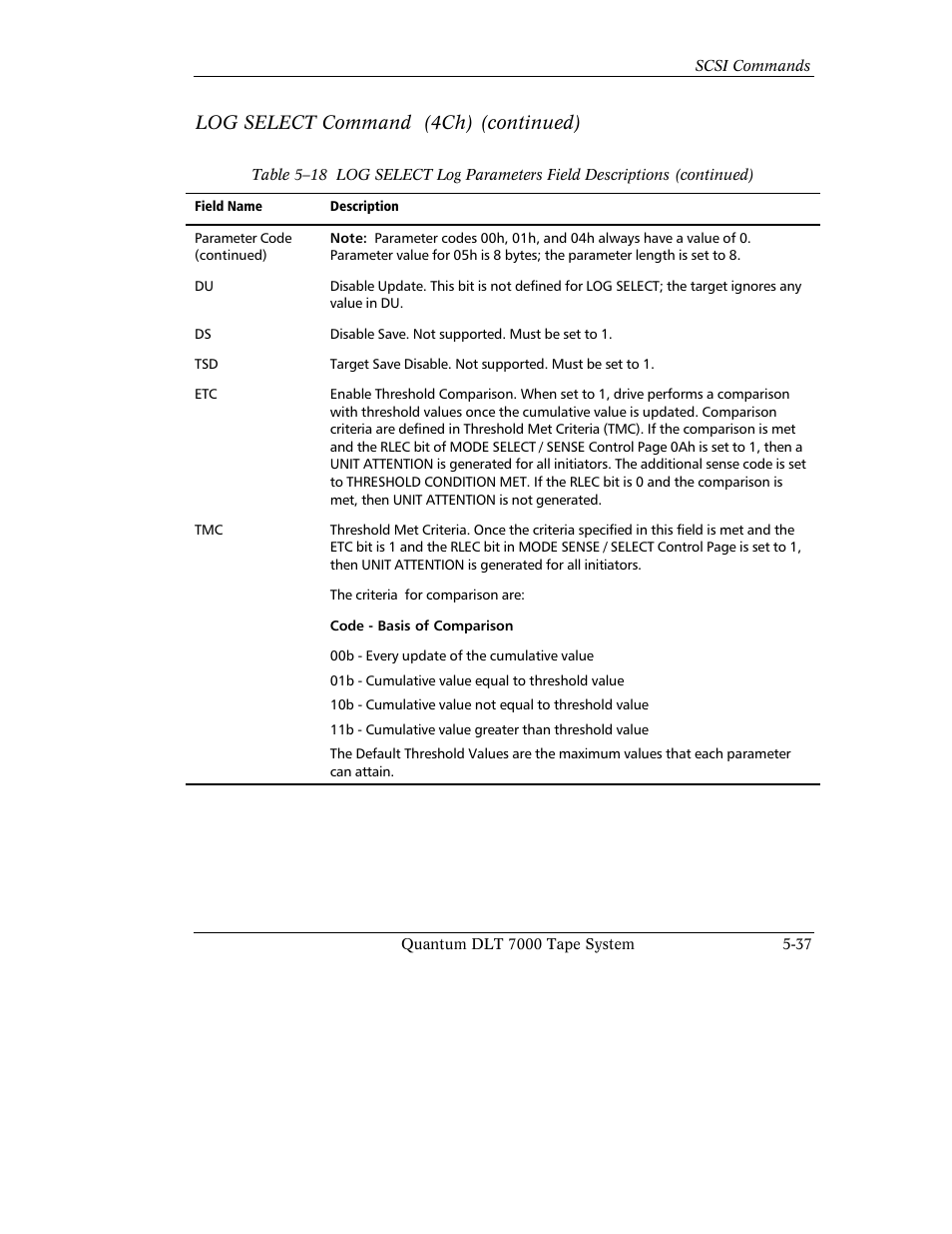 Log select command (4ch) (continued) | Quantum Instruments DLT 7000 User Manual | Page 141 / 312