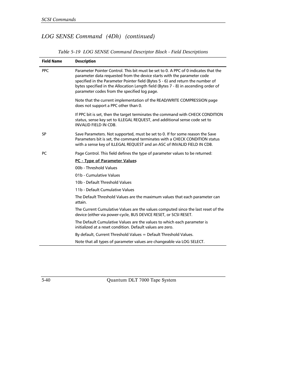 Log sense command (4dh) (continued) | Quantum Instruments DLT 7000 User Manual | Page 144 / 312