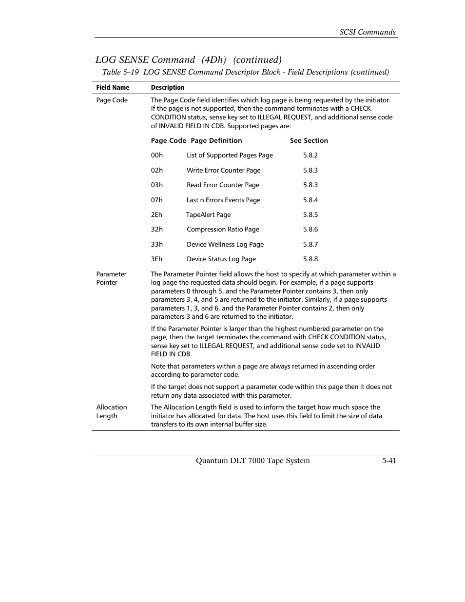 Log sense command (4dh) (continued) | Quantum Instruments DLT 7000 User Manual | Page 145 / 312