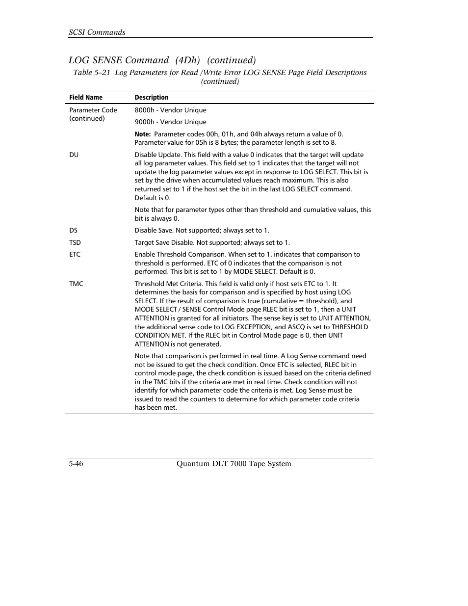 Log sense command (4dh) (continued) | Quantum Instruments DLT 7000 User Manual | Page 150 / 312