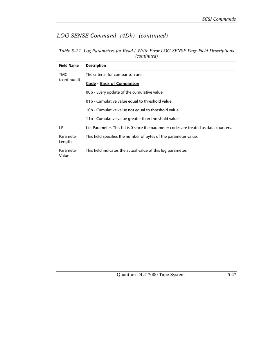 Log sense command (4dh) (continued) | Quantum Instruments DLT 7000 User Manual | Page 151 / 312