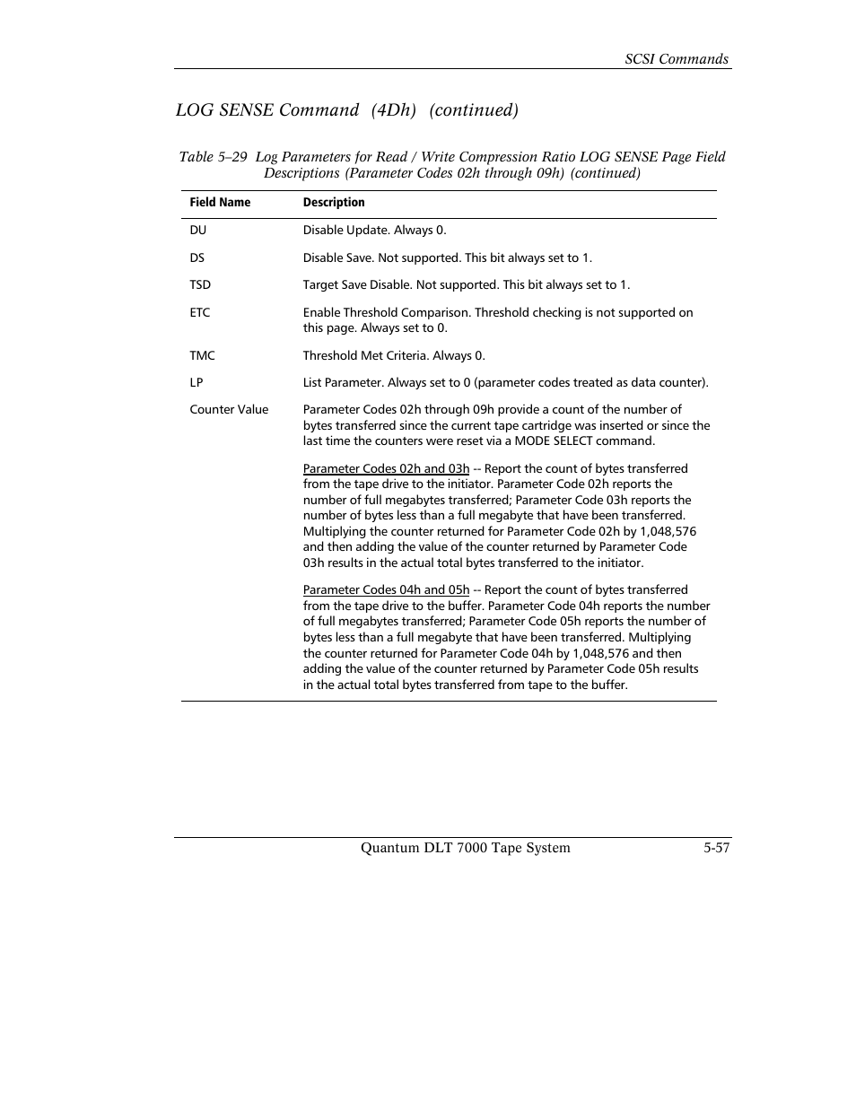Log sense command (4dh) (continued) | Quantum Instruments DLT 7000 User Manual | Page 161 / 312