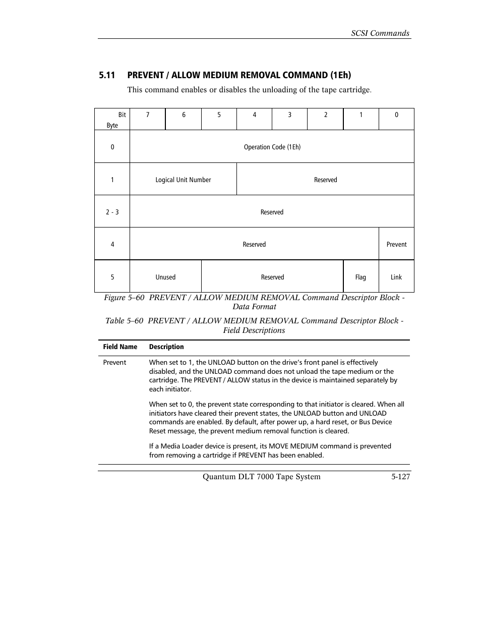 11 prevent / allow medium removal command (1eh) | Quantum Instruments DLT 7000 User Manual | Page 231 / 312