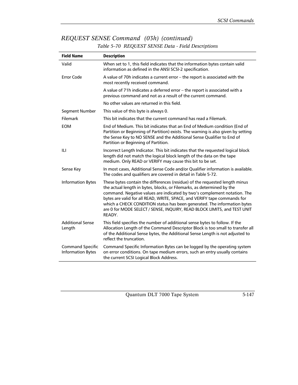 Request sense command (03h) (continued) | Quantum Instruments DLT 7000 User Manual | Page 251 / 312