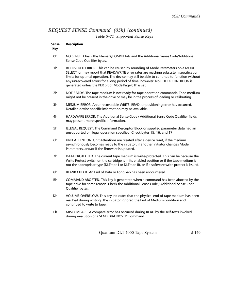 Request sense command (03h) (continued) | Quantum Instruments DLT 7000 User Manual | Page 253 / 312