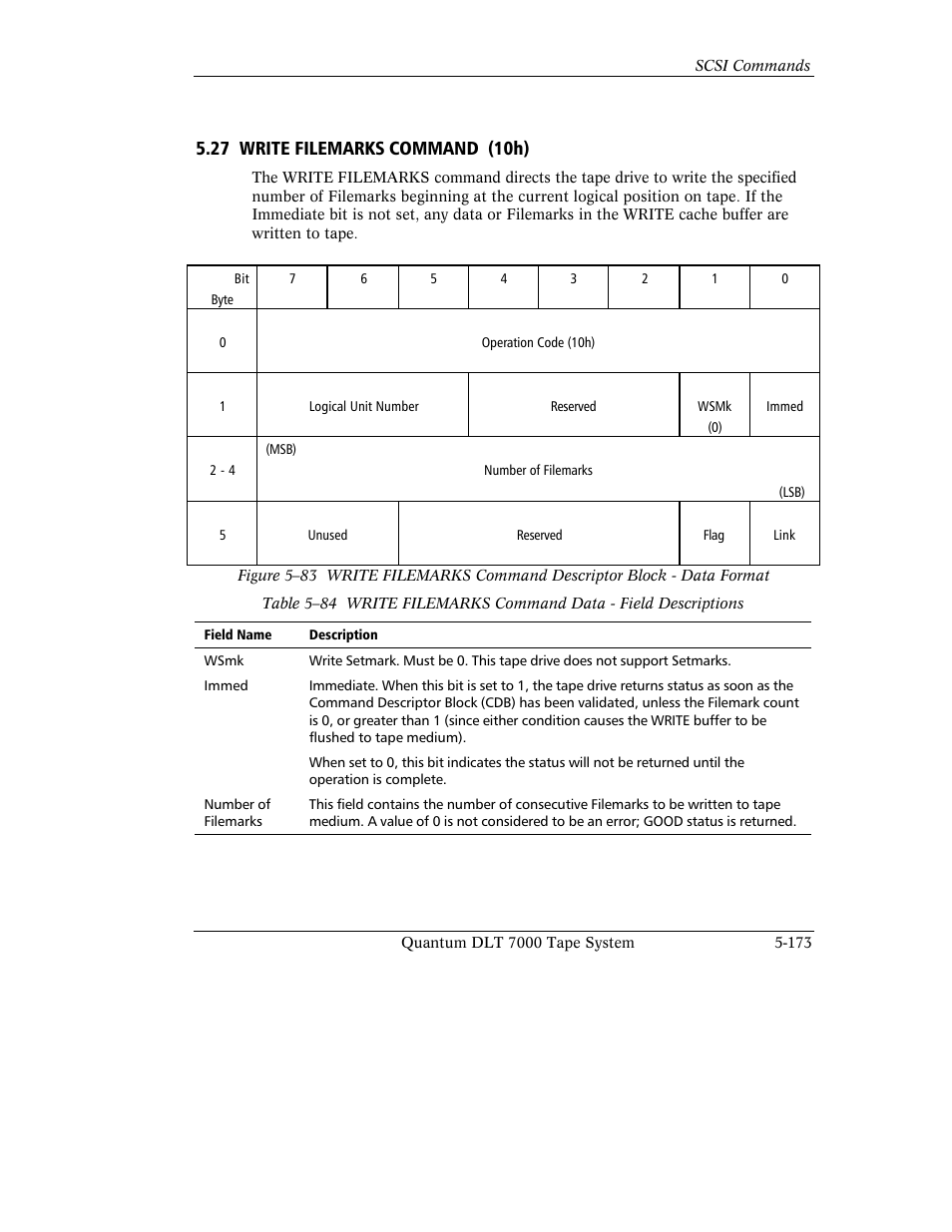 27 write filemarks command (10h) | Quantum Instruments DLT 7000 User Manual | Page 277 / 312