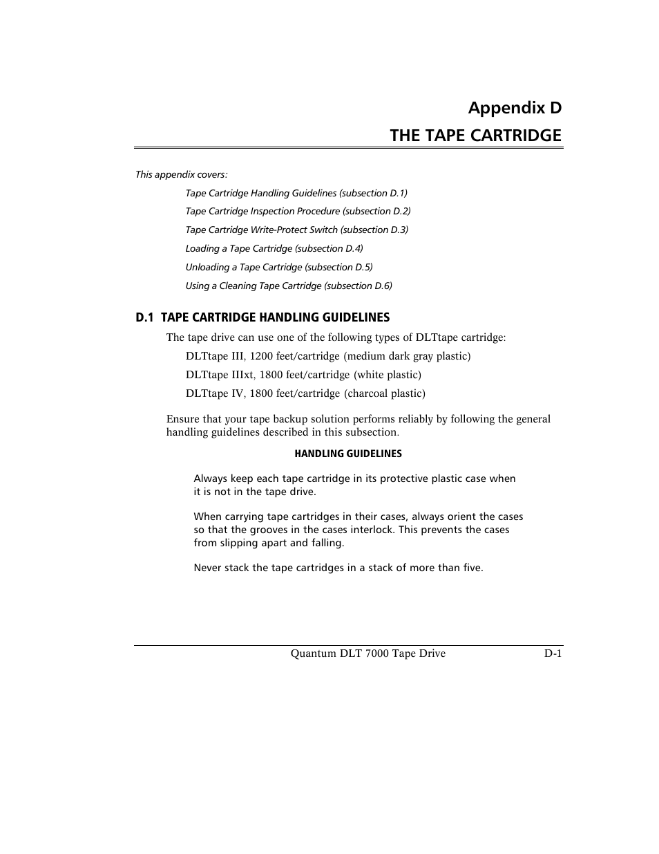 Appendix d the tape cartridge, D.1 tape cartridge handling guidelines | Quantum Instruments DLT 7000 User Manual | Page 293 / 312