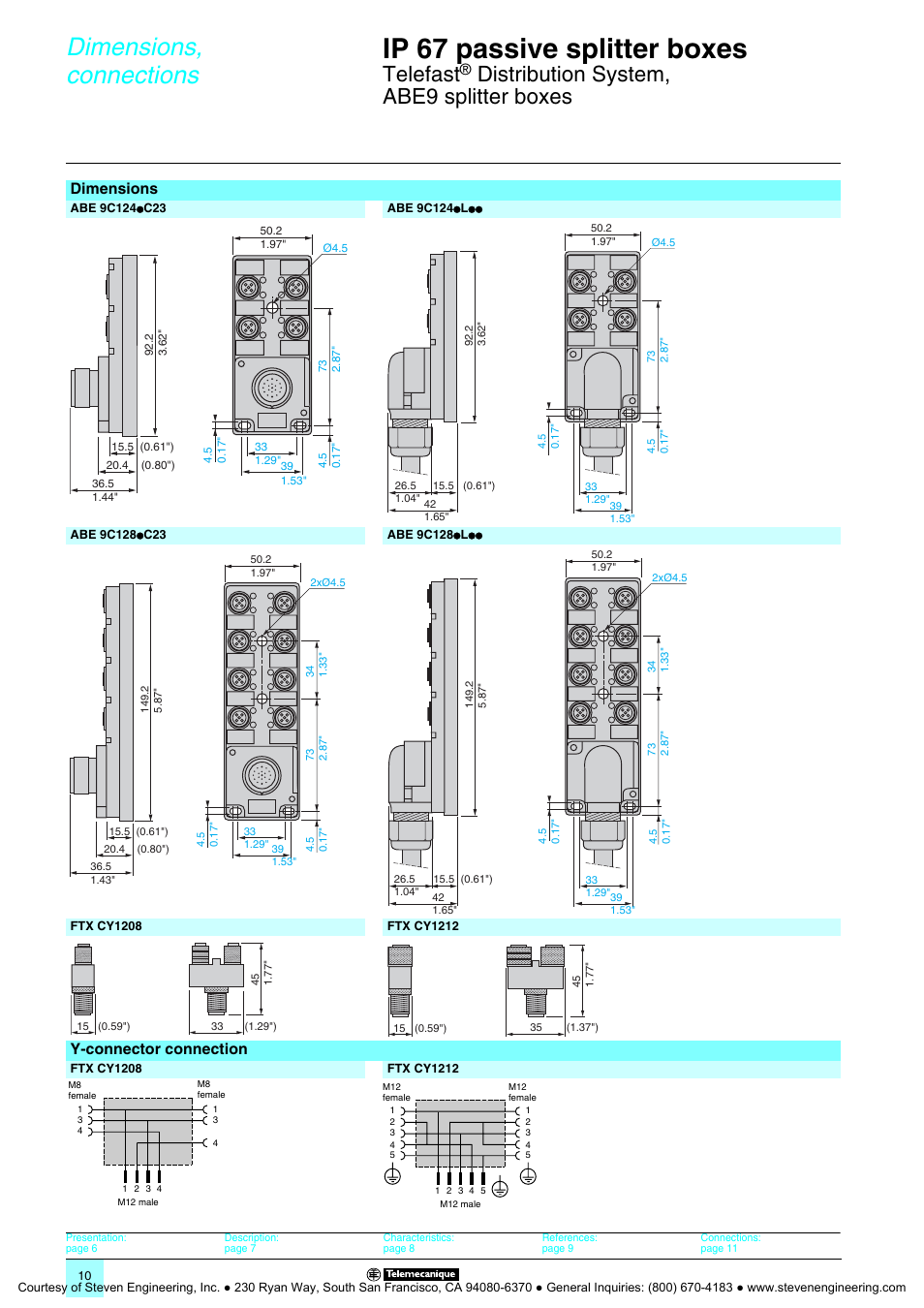 Dimensions, connections, Ip 67 passive splitter boxes, Telefast | Distribution system, abe9 splitter boxes, Dimensions, Y-connector connection | Quantum Instruments Splitter Boxes User Manual | Page 10 / 72