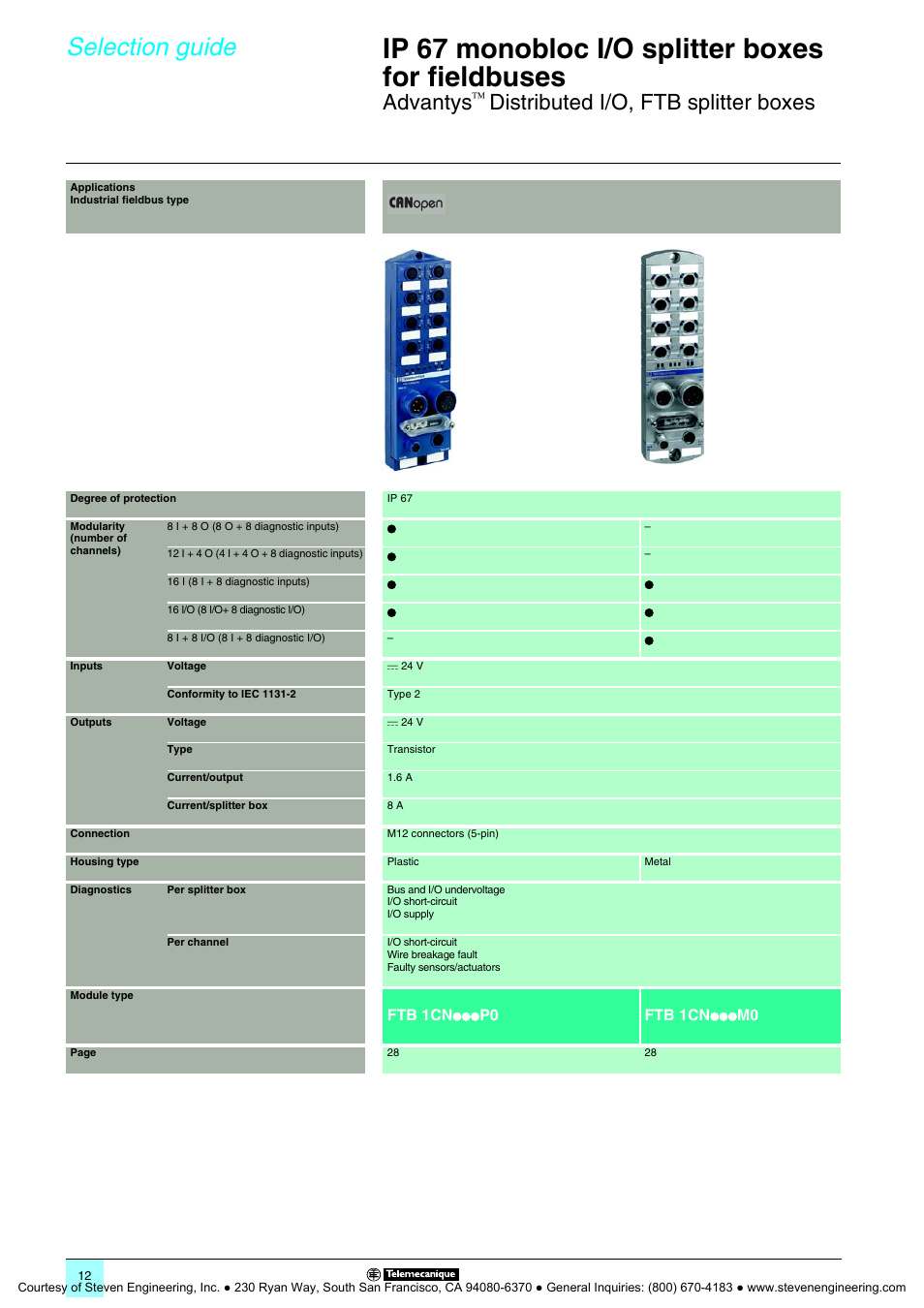Ip 67 monobloc i/o splitter boxes for fieldbuses, Selection guide, Advantys | Distributed i/o, ftb splitter boxes | Quantum Instruments Splitter Boxes User Manual | Page 12 / 72