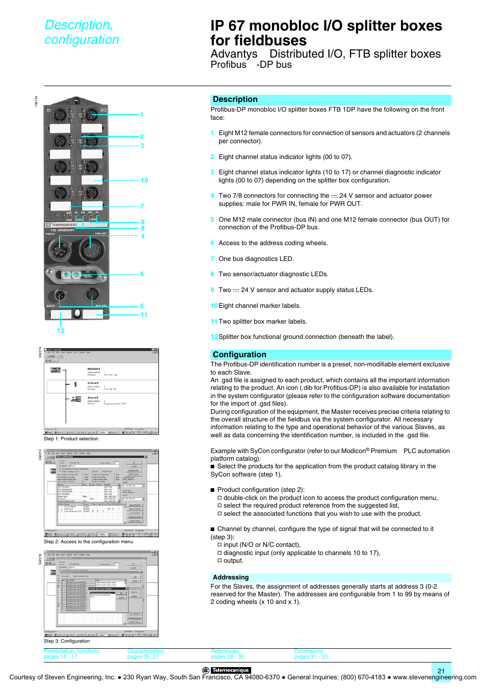 Ip 67 monobloc i/o splitter boxes for fieldbuses, Description, configuration, Advantys | Distributed i/o, ftb splitter boxes, Profibus, Dp bus | Quantum Instruments Splitter Boxes User Manual | Page 21 / 72