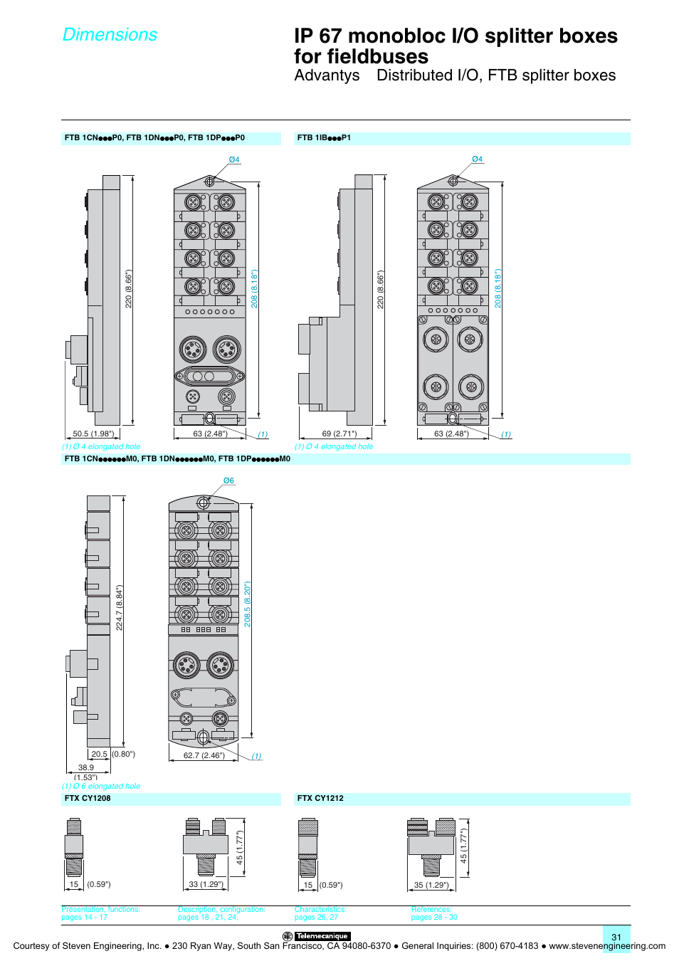 Dimensions, connections, Ip 67 monobloc i/o splitter boxes for fieldbuses, Dimensions | Advantys, Distributed i/o, ftb splitter boxes | Quantum Instruments Splitter Boxes User Manual | Page 31 / 72