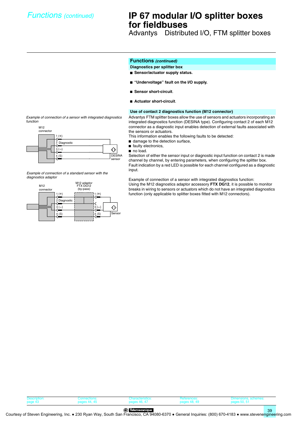 Ip 67 modular i/o splitter boxes for fieldbuses, Functions, Advantys | Distributed i/o, ftm splitter boxes, Continued) | Quantum Instruments Splitter Boxes User Manual | Page 39 / 72