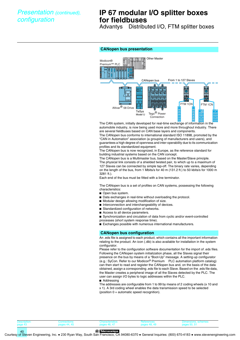 Ftm splitter boxes for canopen, Ip 67 modular i/o splitter boxes for fieldbuses, Presentation | Configuration, Advantys, Distributed i/o, ftm splitter boxes, Continued) | Quantum Instruments Splitter Boxes User Manual | Page 40 / 72