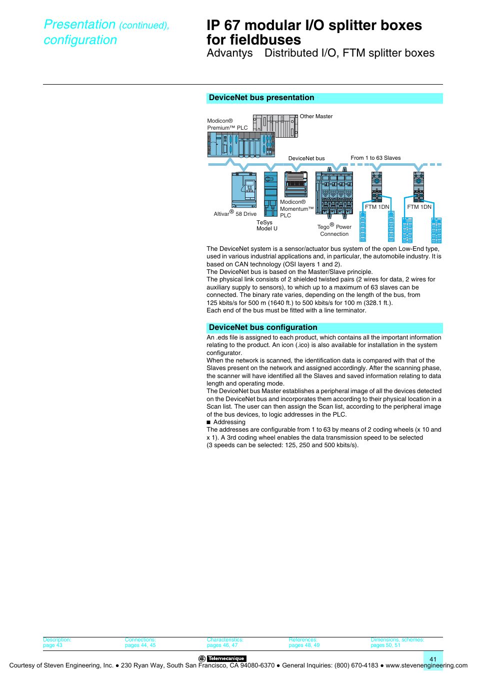 Ftm splitter boxes for devicenet, Ip 67 modular i/o splitter boxes for fieldbuses, Presentation | Configuration, Advantys, Distributed i/o, ftm splitter boxes, Continued) | Quantum Instruments Splitter Boxes User Manual | Page 41 / 72