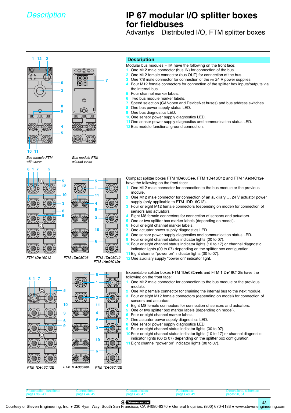 Ip 67 modular i/o splitter boxes for fieldbuses, Description, Advantys | Distributed i/o, ftm splitter boxes | Quantum Instruments Splitter Boxes User Manual | Page 43 / 72