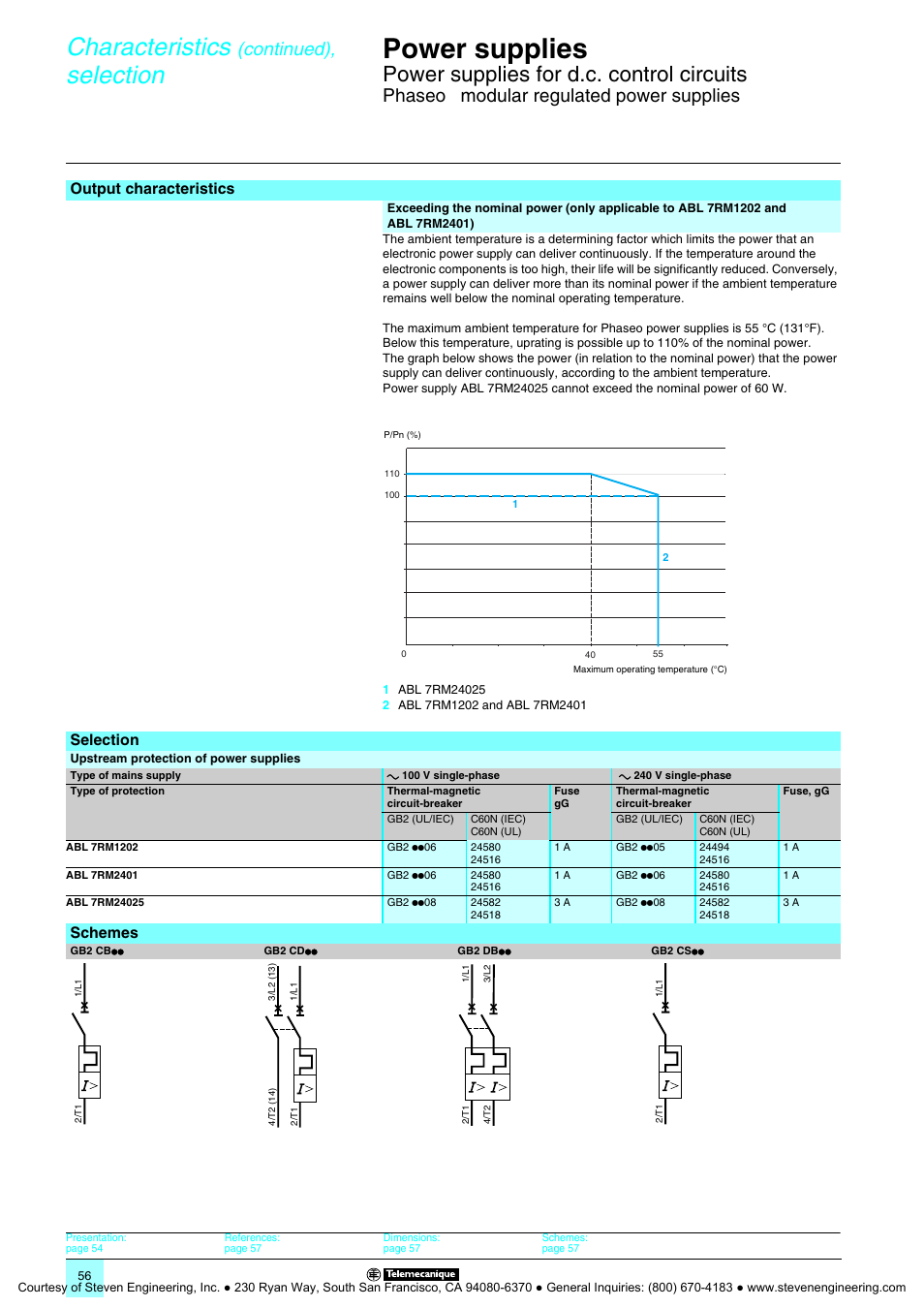 Selection, Power supplies, Characteristics | Power supplies for d.c. control circuits, Continued), Phaseo, Modular regulated power supplies | Quantum Instruments Splitter Boxes User Manual | Page 56 / 72