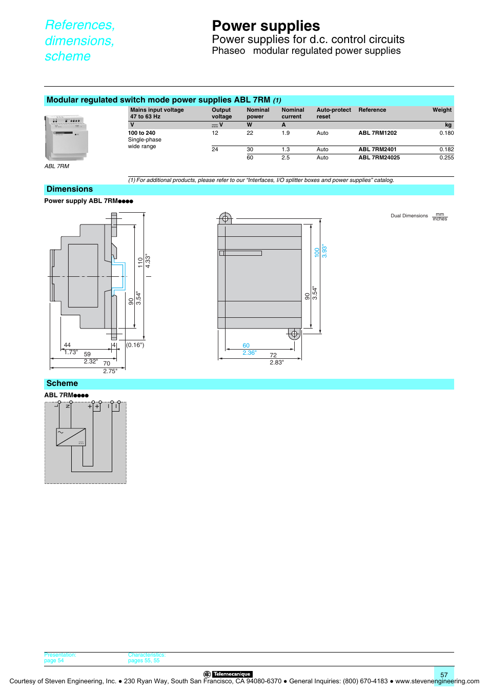 References, dimensions, scheme, Power supplies, Power supplies for d.c. control circuits | Phaseo, Modular regulated power supplies | Quantum Instruments Splitter Boxes User Manual | Page 57 / 72