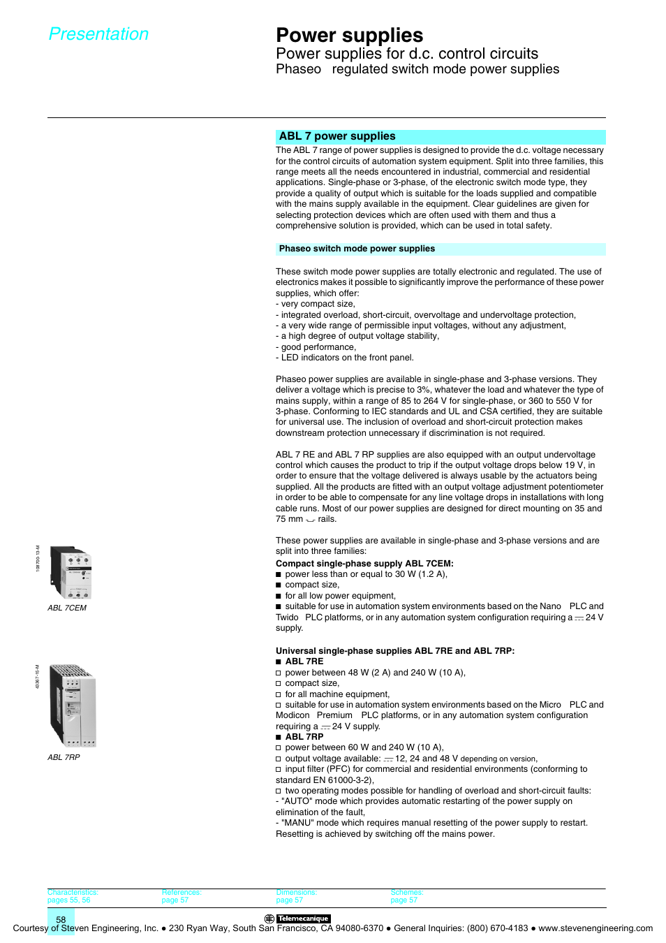 Phaseo® regulated switch mode power supplies, Power supplies, Presentation | Power supplies for d.c. control circuits, Phaseo, Regulated switch mode power supplies | Quantum Instruments Splitter Boxes User Manual | Page 58 / 72