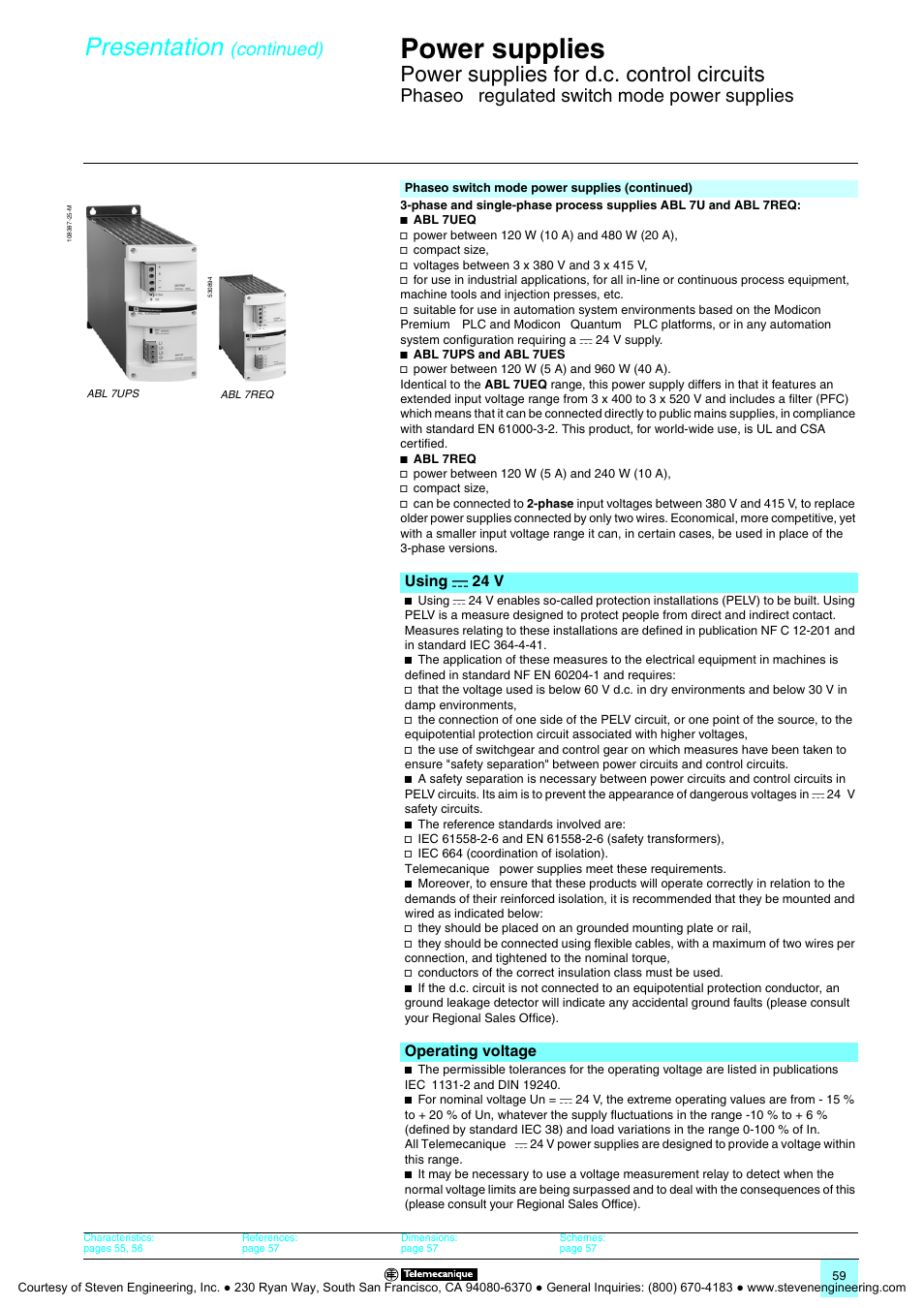 Power supplies, Presentation, Power supplies for d.c. control circuits | Continued), Phaseo, Regulated switch mode power supplies | Quantum Instruments Splitter Boxes User Manual | Page 59 / 72