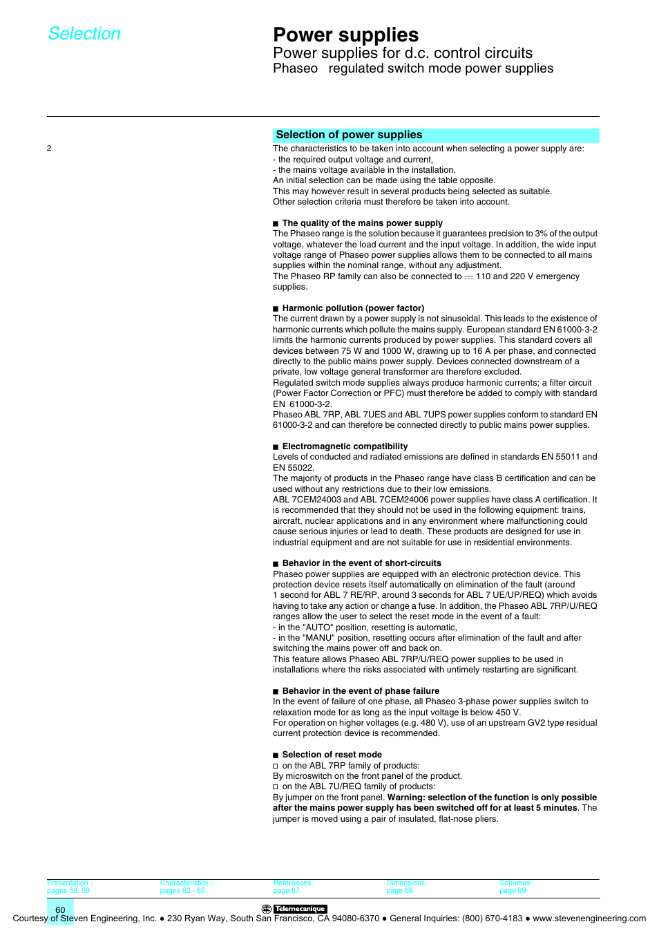 Selection, Power supplies, Power supplies for d.c. control circuits | Phaseo, Regulated switch mode power supplies | Quantum Instruments Splitter Boxes User Manual | Page 60 / 72