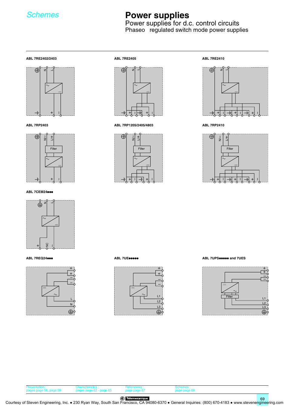 Power supplies, Schemes, Power supplies for d.c. control circuits | Phaseo, Regulated switch mode power supplies | Quantum Instruments Splitter Boxes User Manual | Page 69 / 72