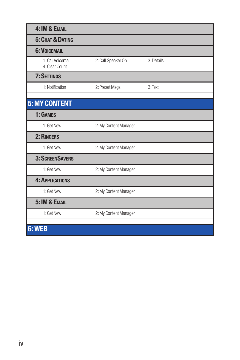 My content, Im & e | Qwest S1 User Manual | Page 10 / 187