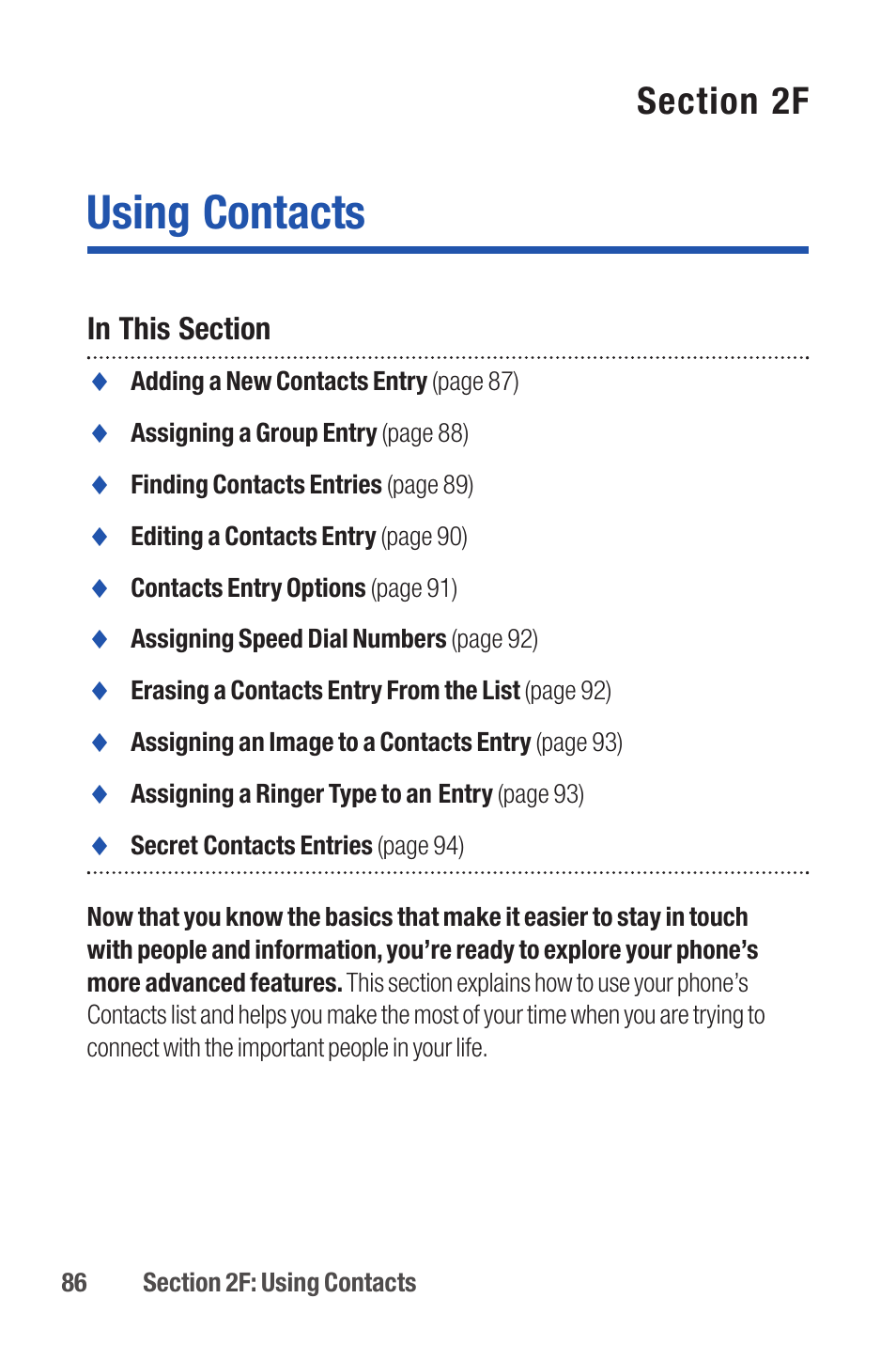 Using contacts | Qwest S1 User Manual | Page 100 / 187
