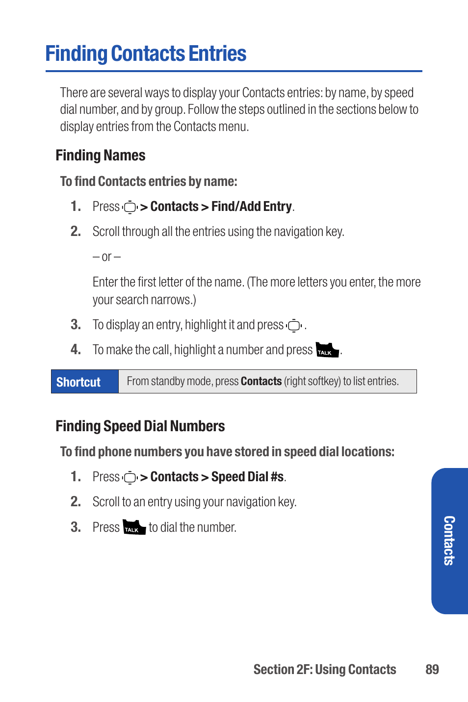 Finding contacts entries | Qwest S1 User Manual | Page 103 / 187