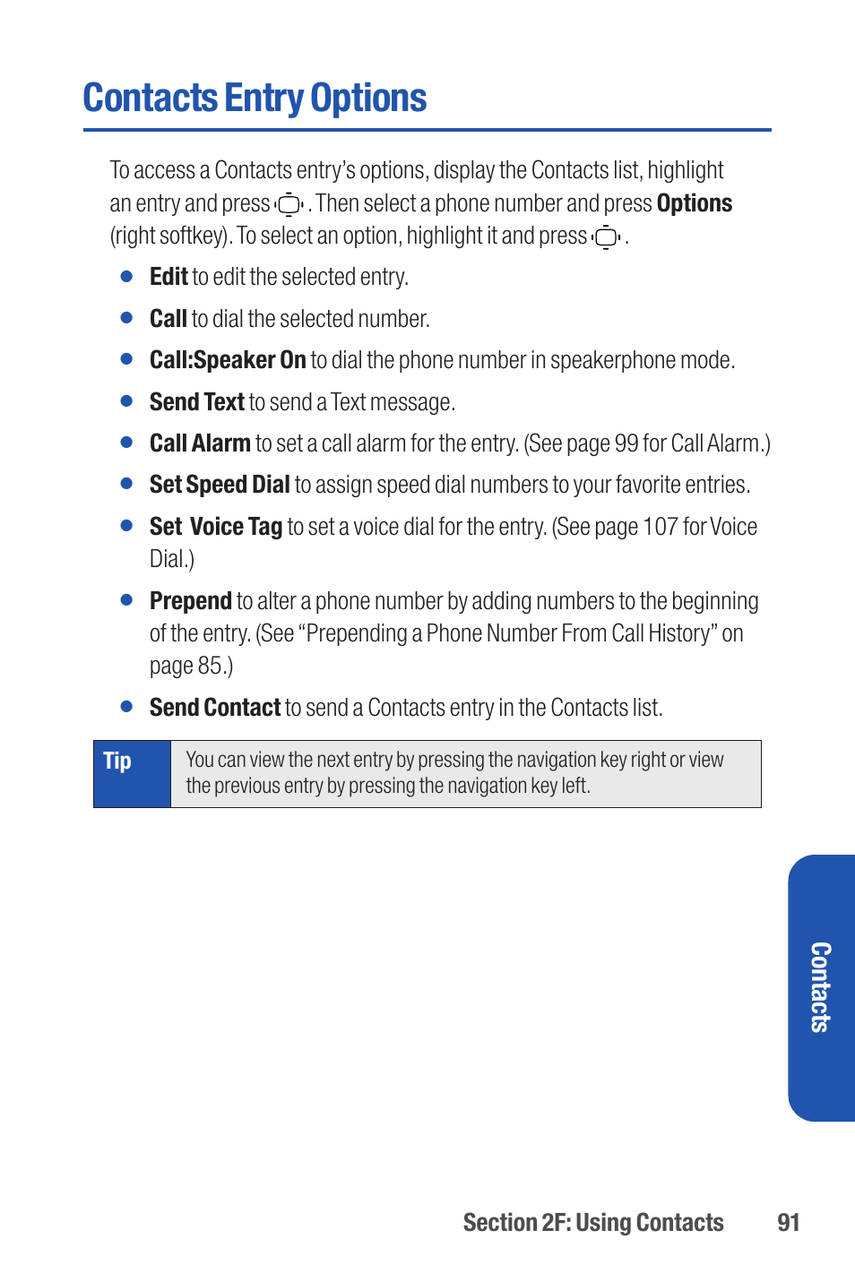 Contacts entry options, Contacts | Qwest S1 User Manual | Page 105 / 187