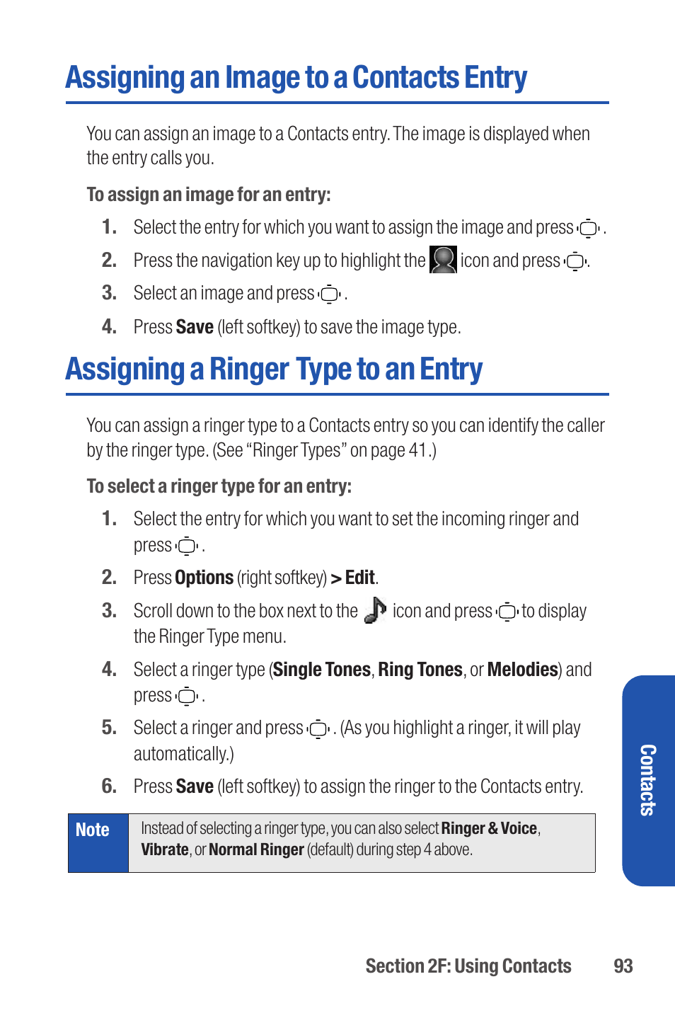 Assigning an image to a contacts entry, Assigning a ringer type to an entry | Qwest S1 User Manual | Page 107 / 187