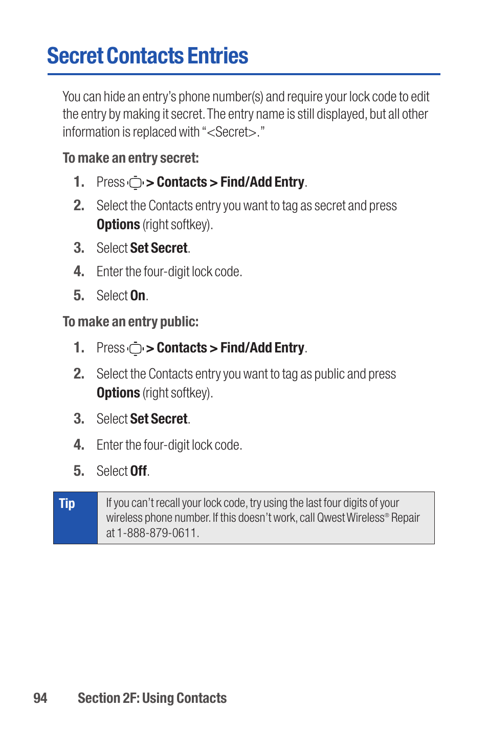 Secret contacts entries | Qwest S1 User Manual | Page 108 / 187