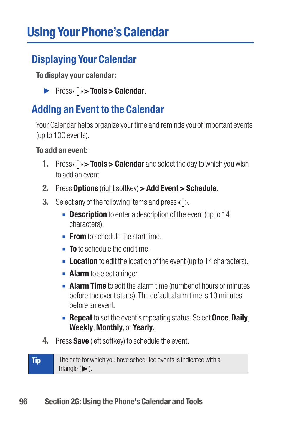 Using your phone’s calendar, Displaying your calendar, Adding an event to the calendar | Qwest S1 User Manual | Page 110 / 187