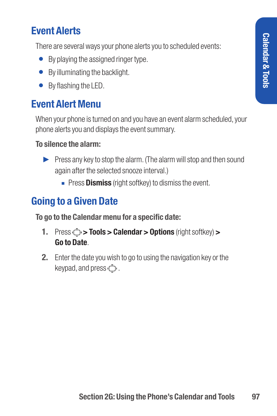 Event alerts, Event alert menu, Going to a given date | Qwest S1 User Manual | Page 111 / 187