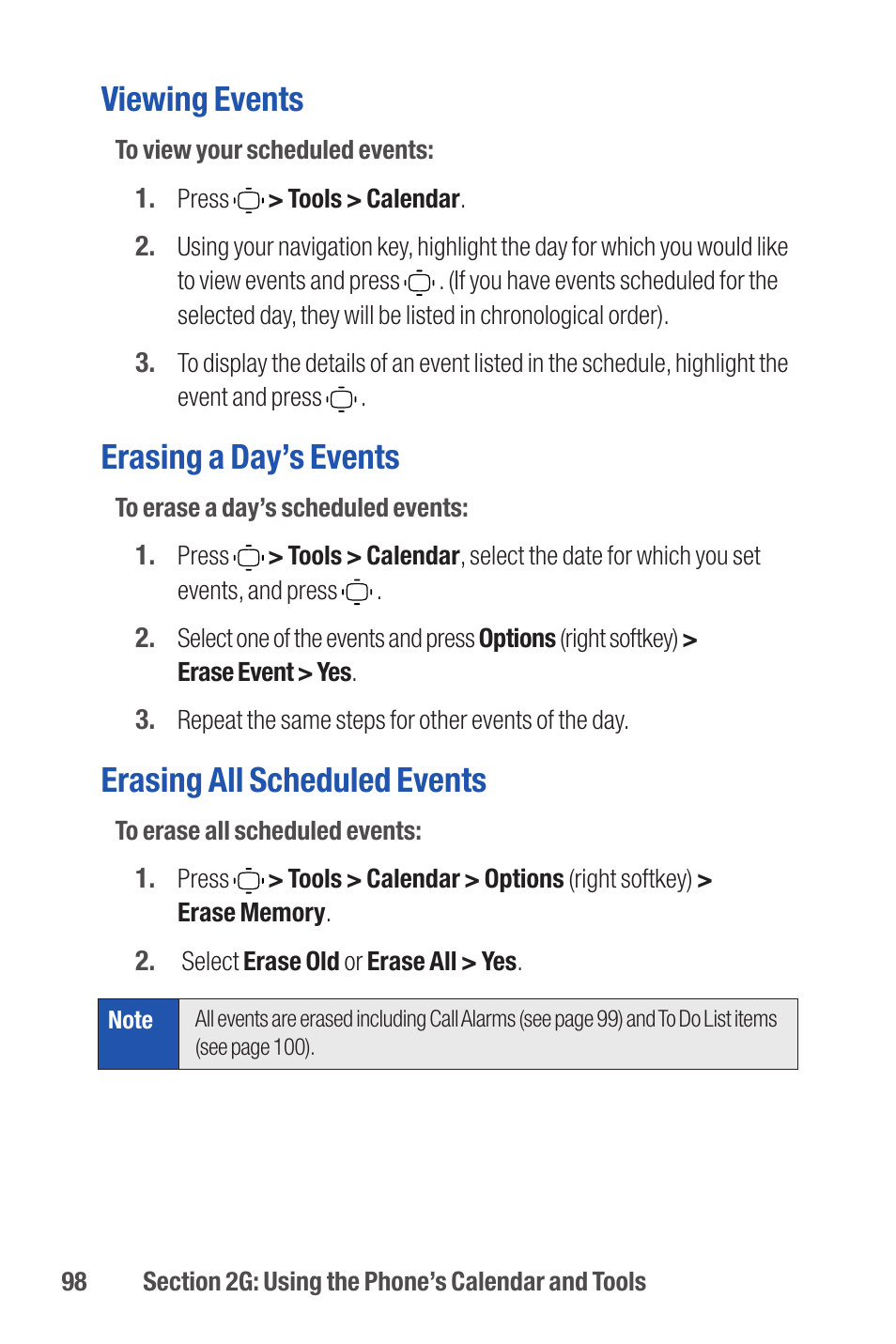 Viewing events, Erasing a day’s events, Erasing all scheduled events | Qwest S1 User Manual | Page 112 / 187