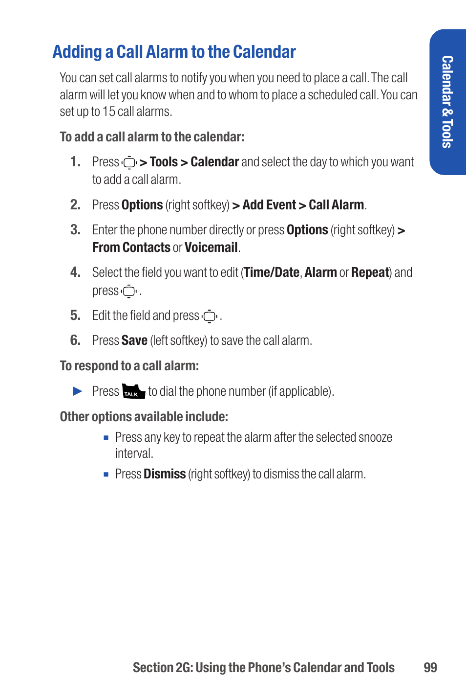 Adding a call alarm to the calendar | Qwest S1 User Manual | Page 113 / 187