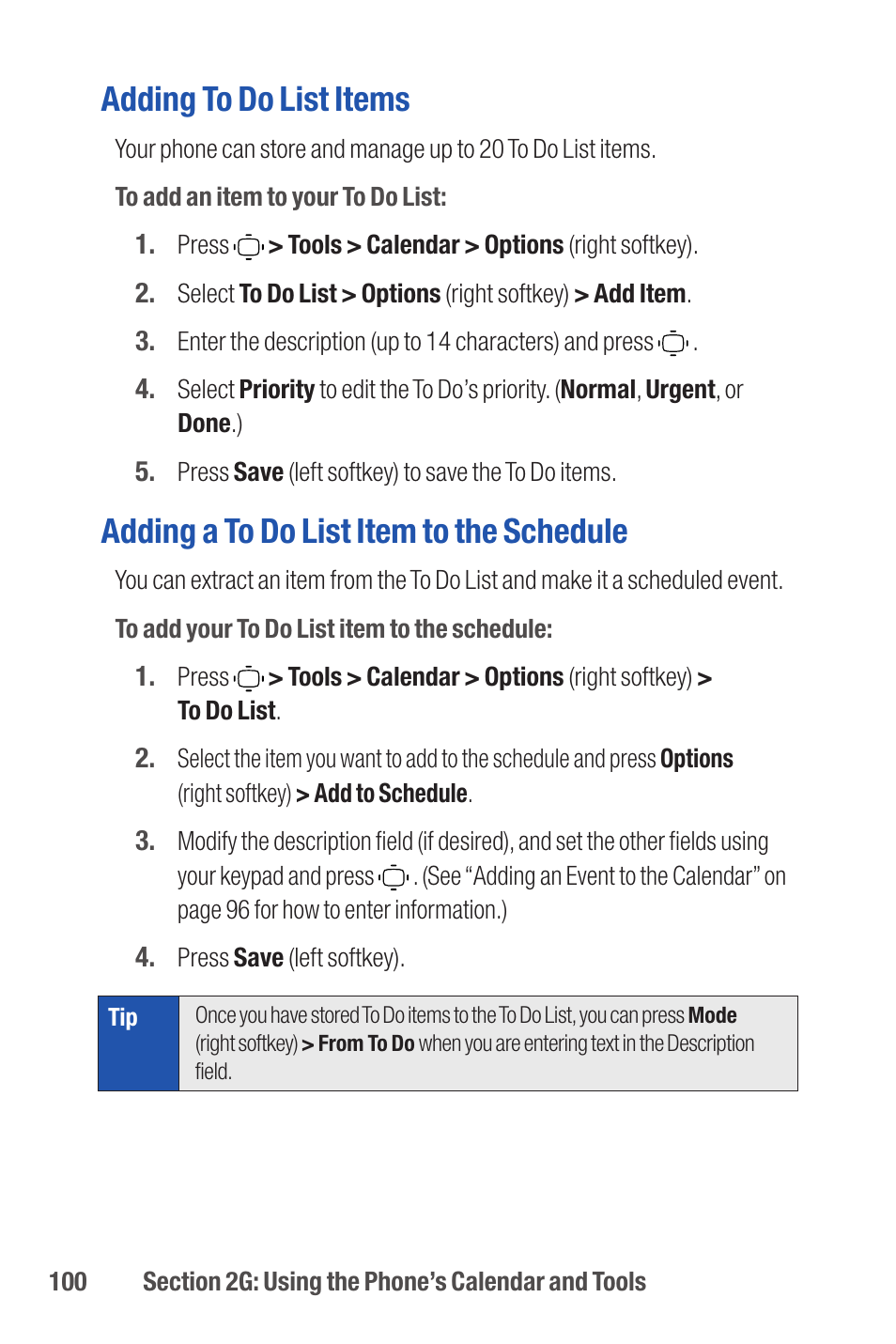Adding to do list items, Adding a to do list item to the schedule | Qwest S1 User Manual | Page 114 / 187