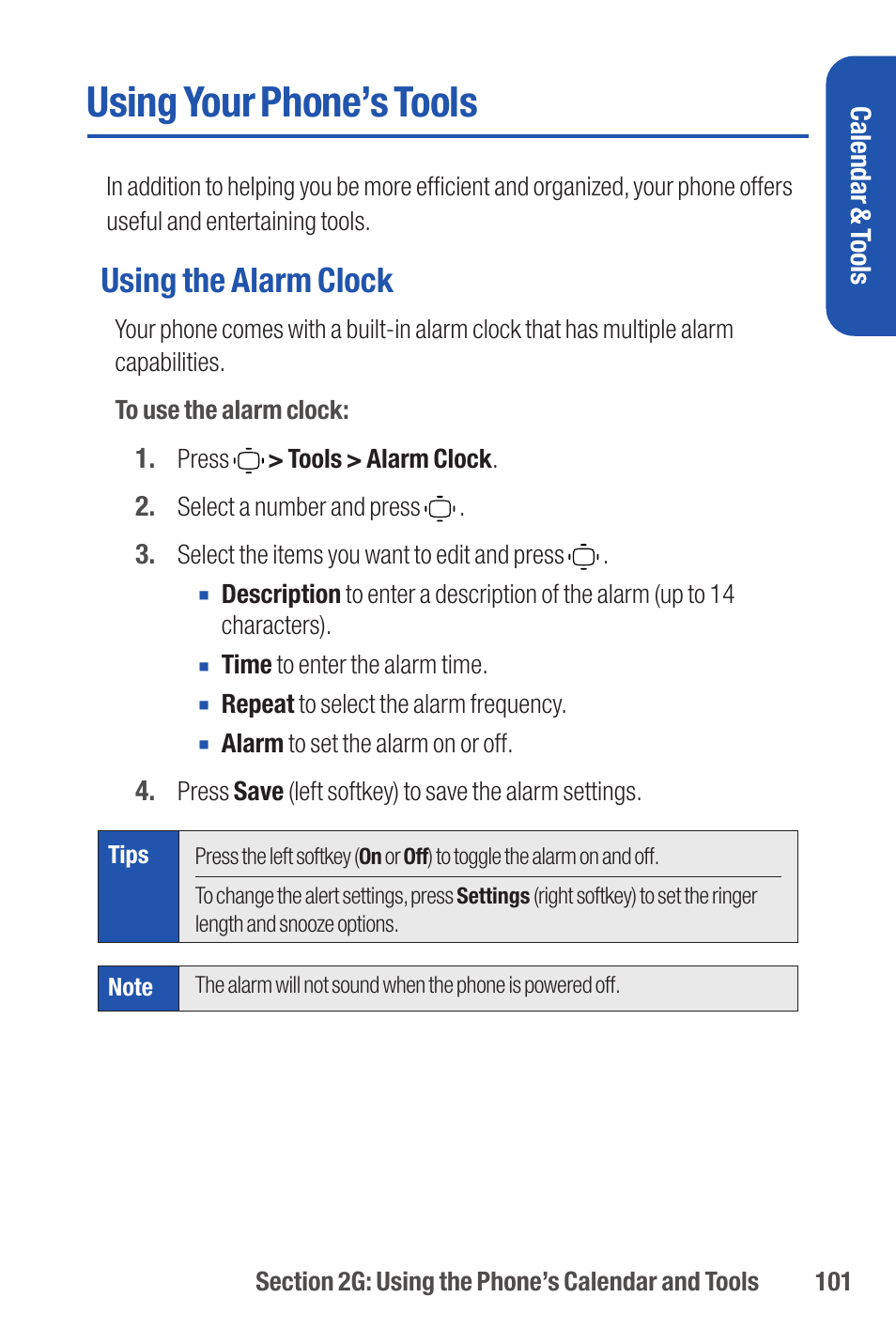 Using your phone’s tools, Using the alarm clock | Qwest S1 User Manual | Page 115 / 187