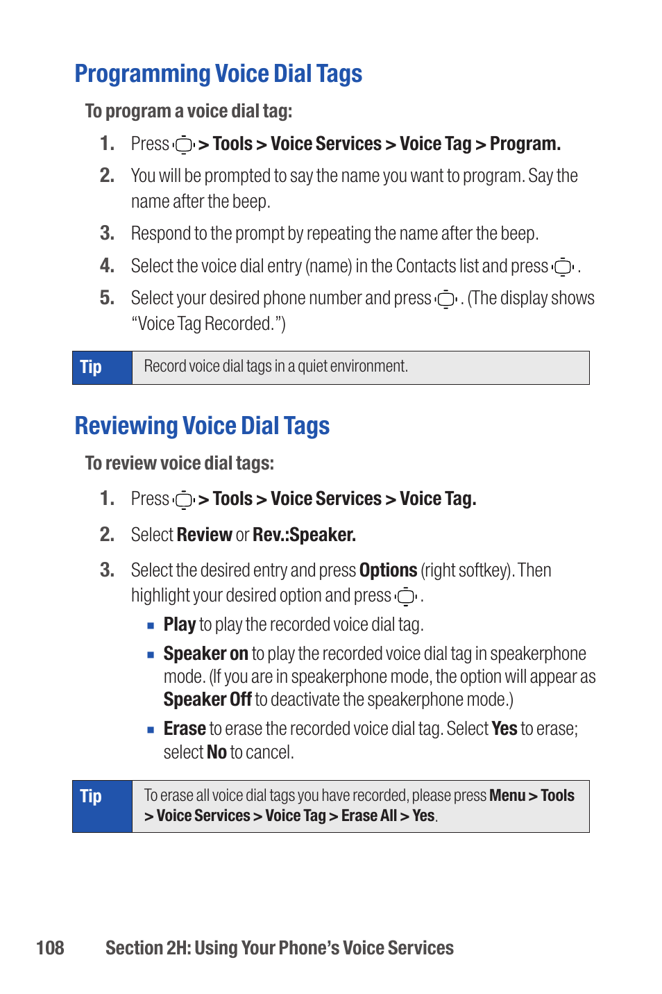 Programming voice dial tags, Reviewing voice dial tags | Qwest S1 User Manual | Page 122 / 187