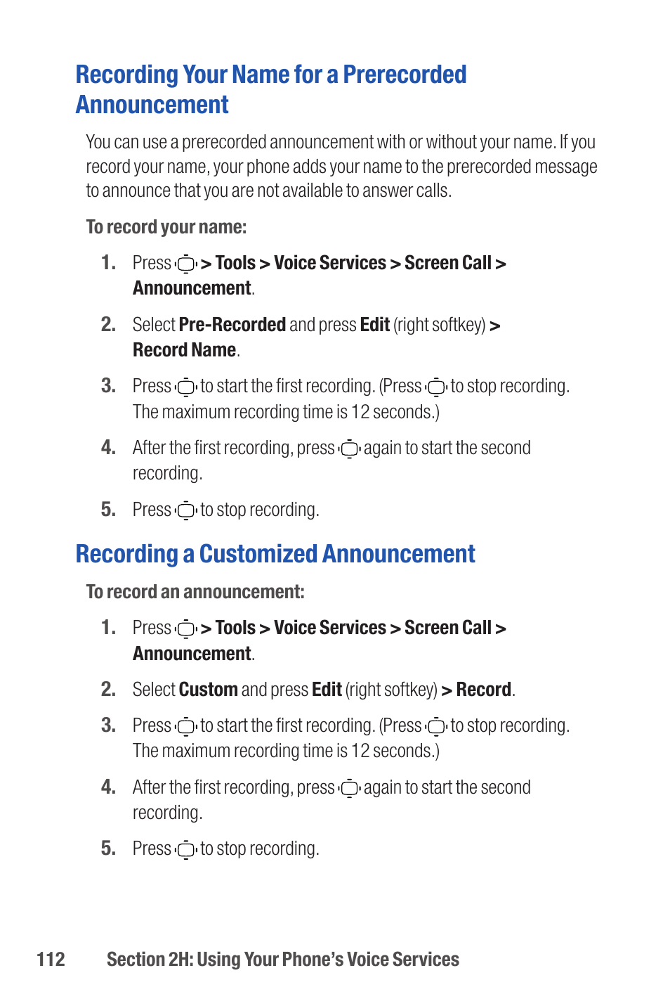 Recording your name for a prerecorded announcement, Recording a customized announcement | Qwest S1 User Manual | Page 126 / 187