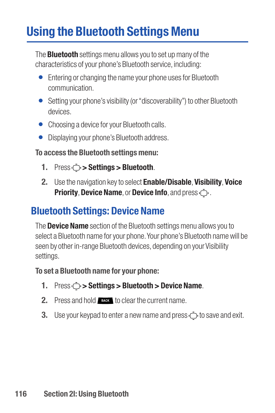 Using the bluetooth settings menu, Bluetooth settings: device name | Qwest S1 User Manual | Page 130 / 187