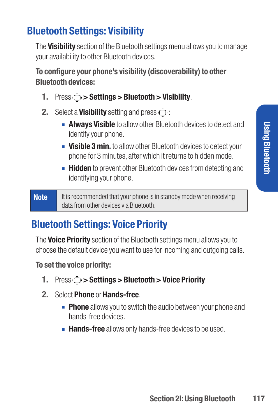 Bluetooth settings: visibility, Bluetooth settings: voice priority | Qwest S1 User Manual | Page 131 / 187