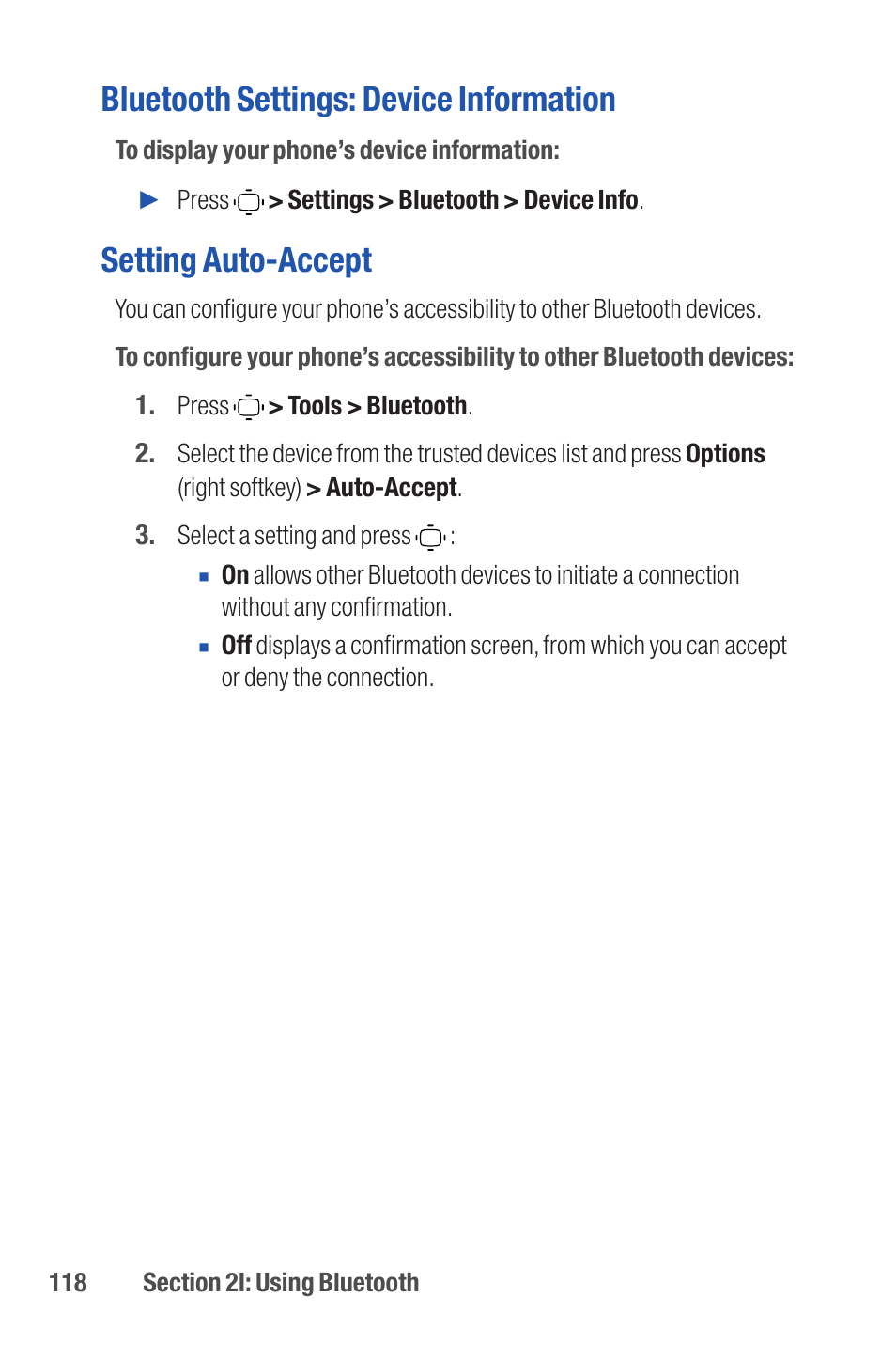 Bluetooth settings: device information, Setting auto-accept | Qwest S1 User Manual | Page 132 / 187