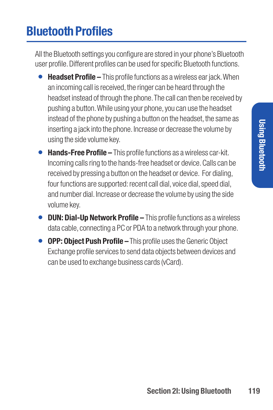 Bluetooth profiles, Using bluetooth | Qwest S1 User Manual | Page 133 / 187
